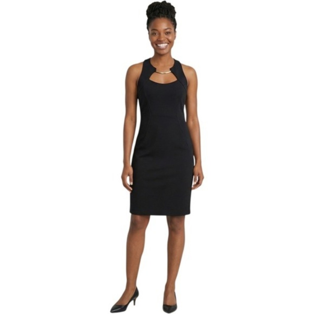 Bisou Bisou Black Sheath Dress‎ Gold Cutout Neckline Sleeveless Size 8 Cocktail